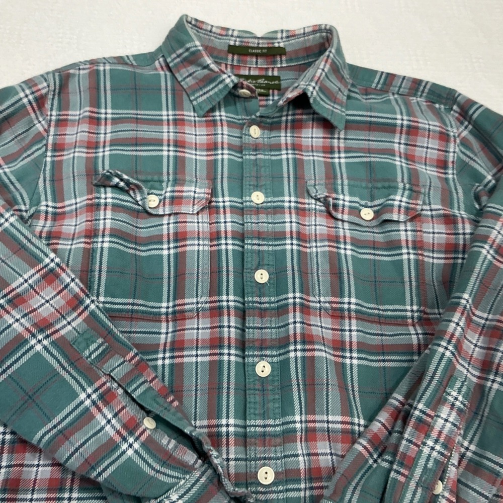 Eddie Bauer Mens Classic Fit Flannel Shirt Large Teal Red Plaid Long Sleeve L - Picture 5 of 10